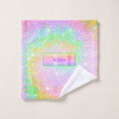 Regenboog Tie Dye Glitter Aangepaste naam Badhandd Bad Handdoek (Wasdoekje)