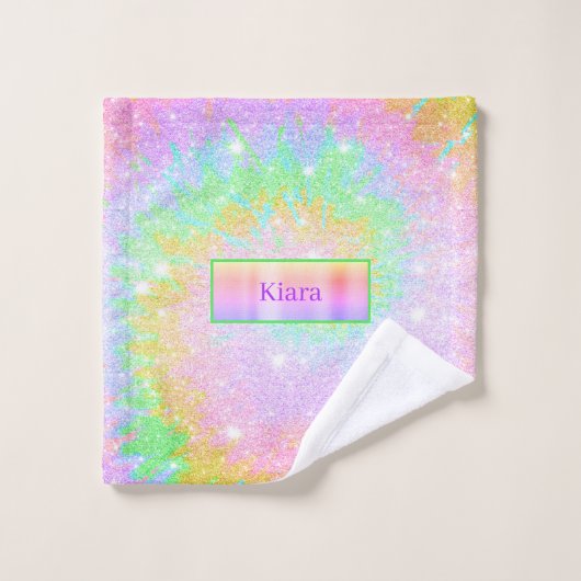 Regenboog Tie Dye Glitter Aangepaste naam Badhandd Bad Handdoek (Wasdoekje)