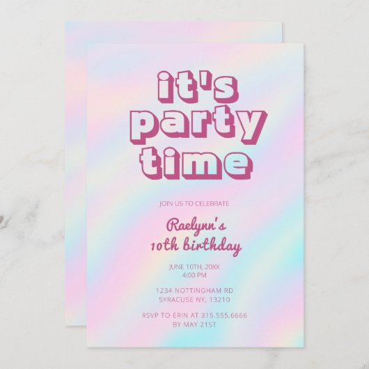 Regenboog Tie Dye Hologram Pastel Feest Uitnodigin Kaart (Voorkant / Achterkant)