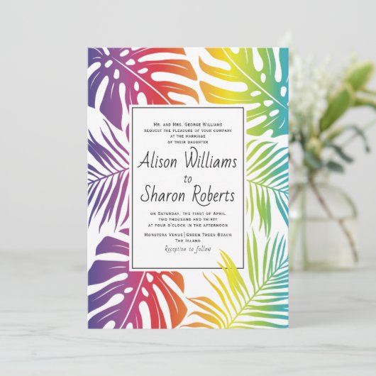 Regenboog tropisch bladpatroon homohuwelijk lesbis kaart (Staand voorkant)