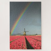 Regenboog, tulpen en windmolen in Nederland Legpuzzel (Verticaal)