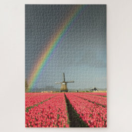 Regenboog, tulpen en windmolen in Nederland Legpuzzel