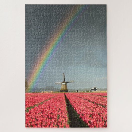 Regenboog, tulpen en windmolen in Nederland Legpuzzel (Verticaal)