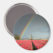 Regenboog, tulpen en windmolen ronde magneet (Voorkant / Achterkant)