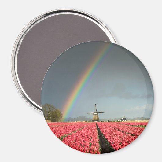 Regenboog, tulpen en windmolen ronde magneet (Voorkant / Achterkant)