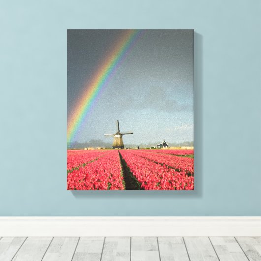 Regenboog, tulpen en windmolen verticale canvas pr afdruk (Insitu (Houten vloer))