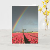 Regenboog, tulpen en windmolen wenskaart kaart (Gele Bloem)