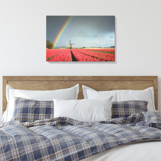 Regenboog, tulpen en windmolendoek canvas afdruk (Insitu (Slaapkamer))