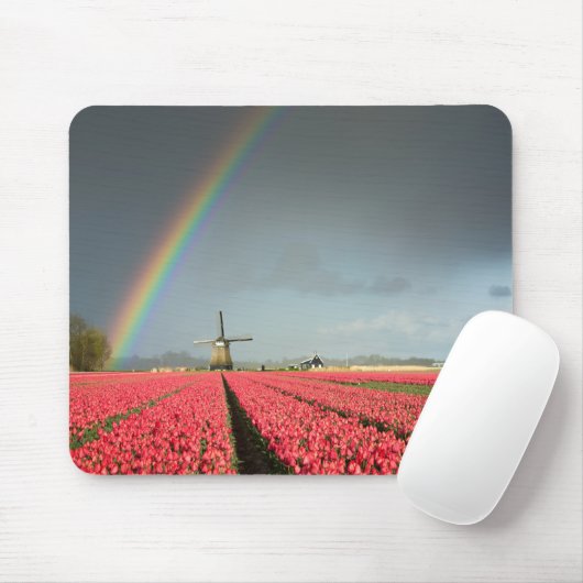 Regenboog, tulpen en windmolenmousepad muismat (Met muis)