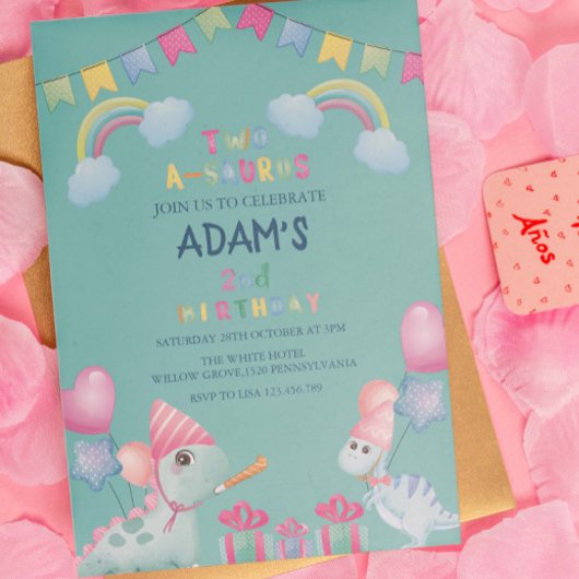 Regenboog twee-a-saurus 2e Verjaardagsfeest Dinosa Kaart
