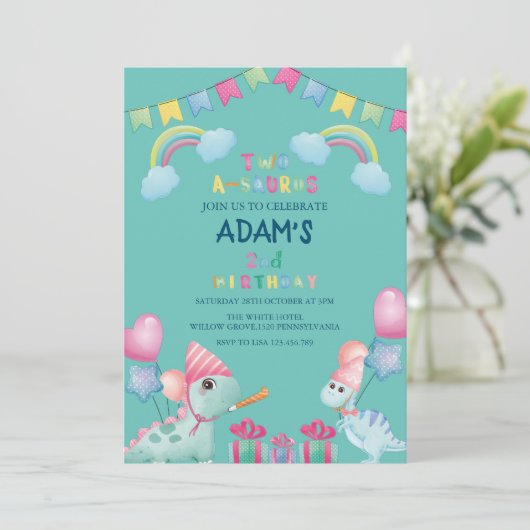 Regenboog twee-a-saurus 2e Verjaardagsfeest Dinosa Kaart (Staand voorkant)