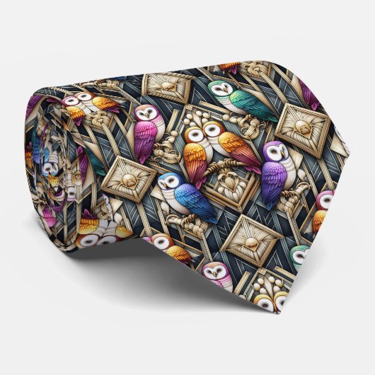 Regenboog Uil Art Deco Heren Das – Zwart, Wit & Go (Opgerold)