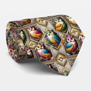 Regenboog Uil Art Deco Heren Das – Zwart, Wit & Go