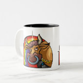 Regenboog van 1980 met Taurus Bull Tweekleurige Koffiemok (Voorkant links)