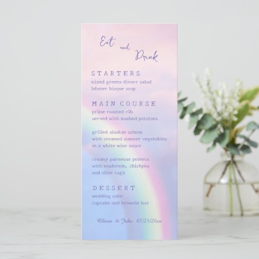 Regenboog van hoop - pastel, bruiloft menu (Staand voorkant)