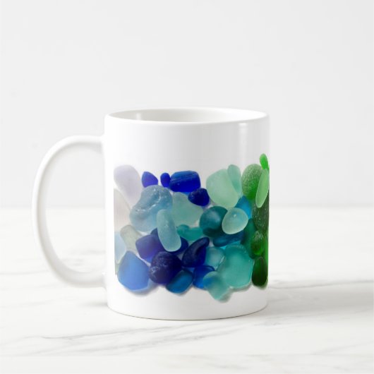 Regenboog van zee glas, mok van strandglas (Links)