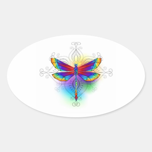 Regenboog veelhoekige libel ovale sticker (Voorkant)