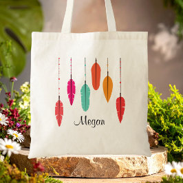 Regenboog Veer Roze & Sinaasappel Boho Monogrammed Tote Bag