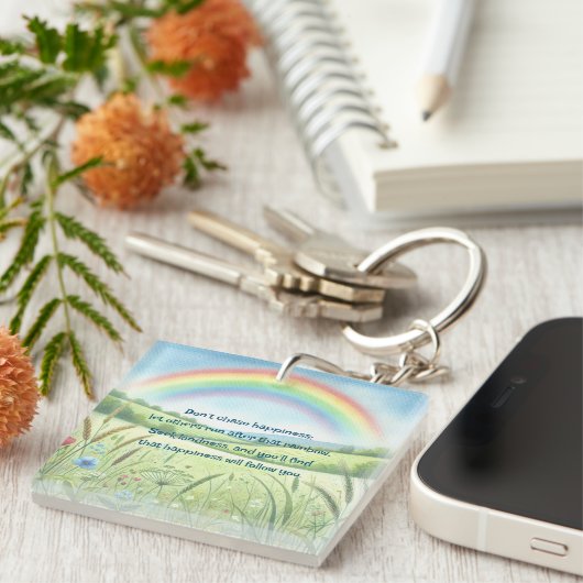 Regenboog / Veld & Quote Sleutelhanger (Voorkant Rechts)