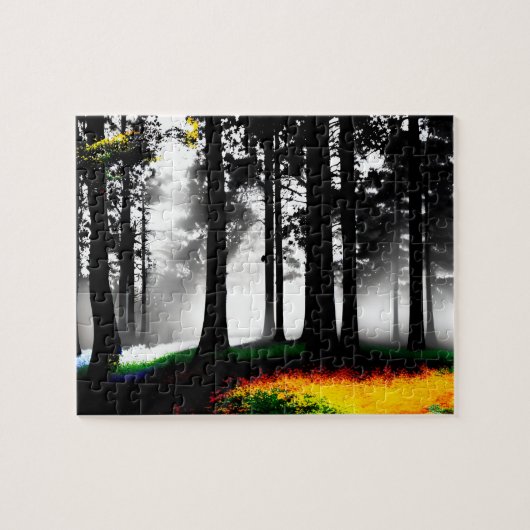 Regenboog Verf Splatter op Silhouet Bos Legpuzzel (Horizontaal)