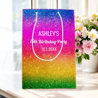 Regenboog Verjaardag Groen Roze Geel Glitters Medium Cadeauzakje