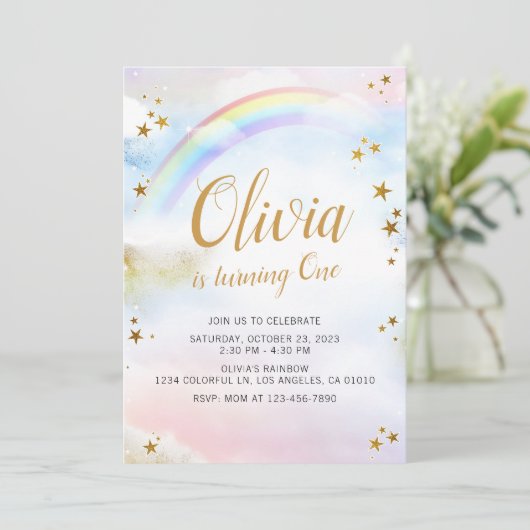 Regenboog verjaardag nodigen pastel kleurrijke mag kaart (Staand voorkant)
