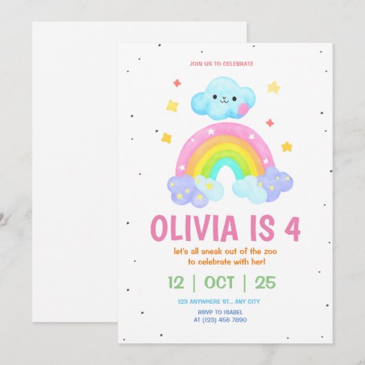 Regenboog Verjaardag Uitnodiging Meisjes Regenboog (Voorkant / Achterkant)