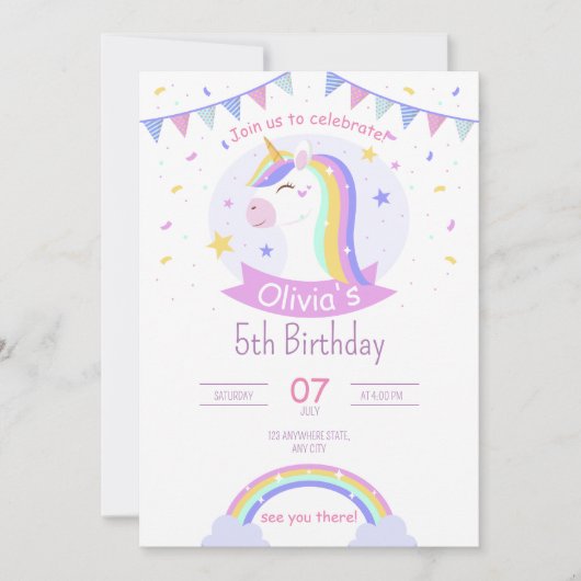 Regenboog Verjaardag Uitnodiging voor Meisjes Boho (Voorkant)