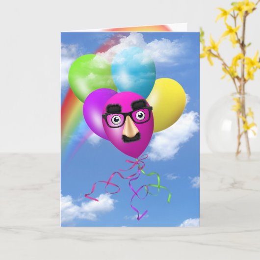 Regenboog Verjaardagsballonnen met Grappig Gezicht Kaart (Gele Bloem)
