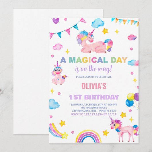 Regenboog Vlaggen Eenhoorn Verjaardagsuitnodiginge Kaart (Voorkant / Achterkant)