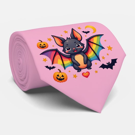 🦇🌈 Regenboog Vleermuis Pompoen Feest Kraag Stropdas (Opgerold)