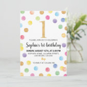 Regenboog Vlek 1e Verjaardag Uitnodiging Polka Dot (Staand voorkant)