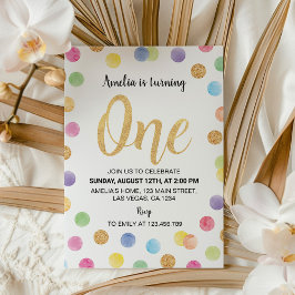 Regenboog Vlek 1e Verjaardag Uitnodiging Polka Dot