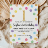 Regenboog Vlek 1e Verjaardag Uitnodiging Polka Dot