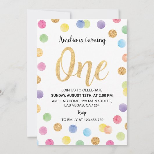 Regenboog Vlek 1e Verjaardag Uitnodiging Polka Dot (Voorkant)