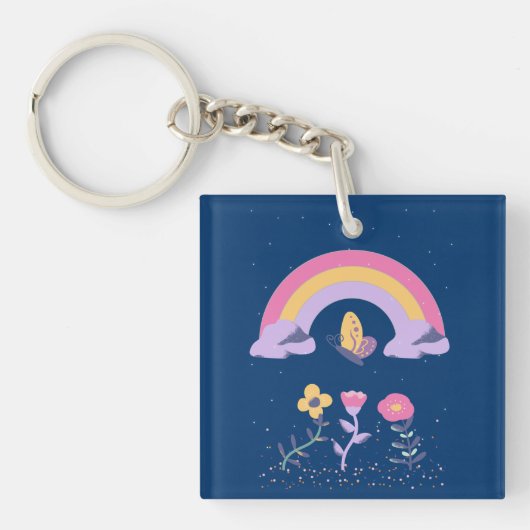 Regenboog Vlinder Bloemen Cloud Sleutelhanger (voorkant)