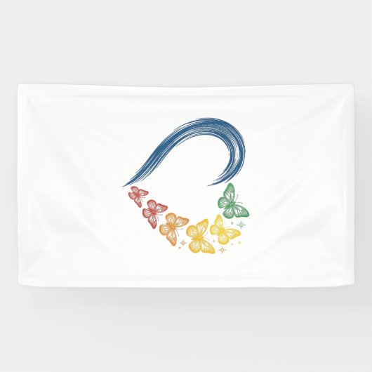 Regenboog Vlinder Hart Vintage Gravure Ontwerp_1 Spandoek (Horizontaal)