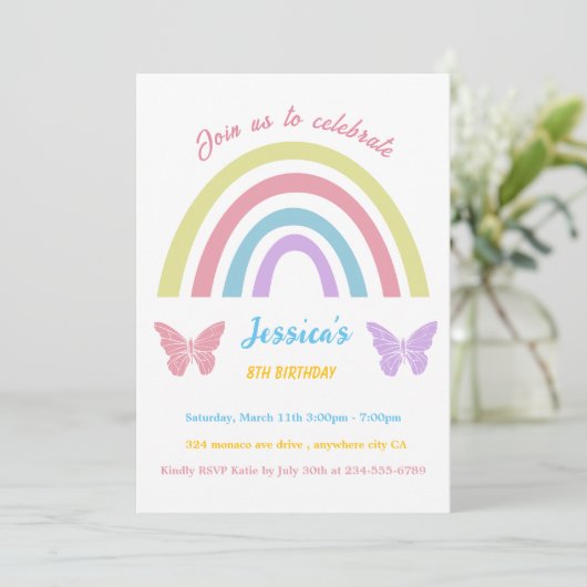 Regenboog & vlinder Verjaardag voor Meisjes bewerk Kaart (Staand voorkant)