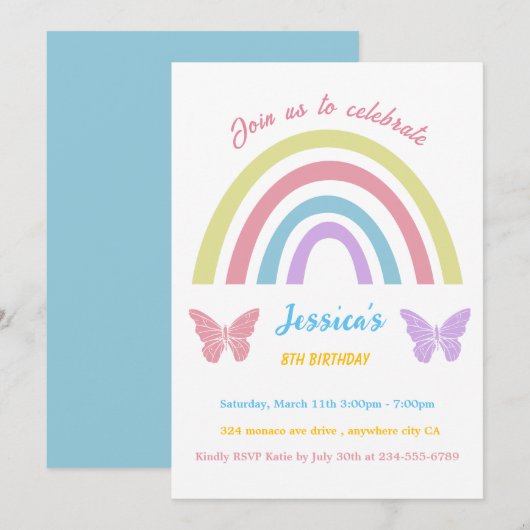 Regenboog & vlinder Verjaardag voor Meisjes bewerk Kaart (Voorkant / Achterkant)