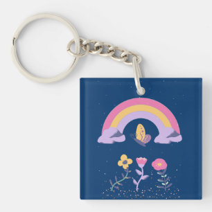 Regenboog Vlinder Wolk Bloemen Sleutelhanger