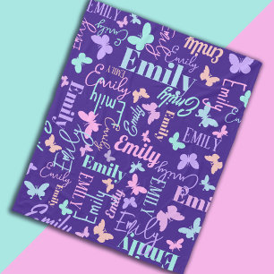 Regenboog vlinders aangepaste naam blauw roze paar fleece deken