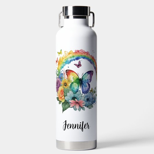 Regenboog vlinders en bloemen waterfles (Voorkant)