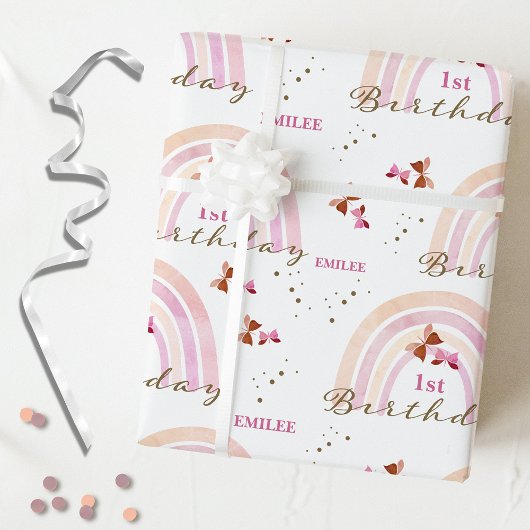 Regenboog Vlinders Verjaardag Pastel Pinks Cadeaupapier