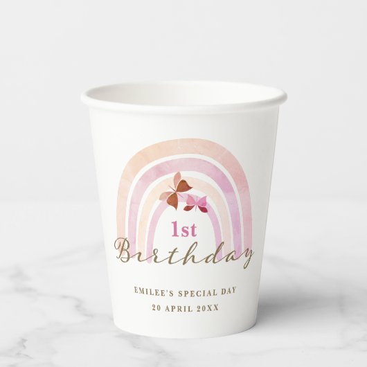 Regenboog Vlinders Verjaardagsfeestje Pastel Pinks Papieren Bekers (Achterkant)
