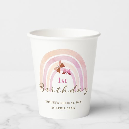 Regenboog Vlinders Verjaardagsfeestje Pastel Pinks Papieren Bekers (Voorkant)