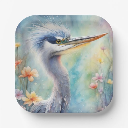 Regenboog Vogels Blauwe Heron 1 Papieren Bordje (Voorkant)