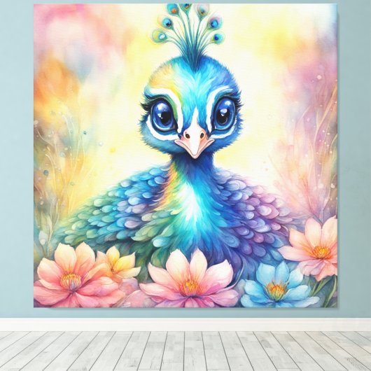 Regenboog Vogels Peacock 1 Canvas Afdruk (Insitu (Houten vloer))