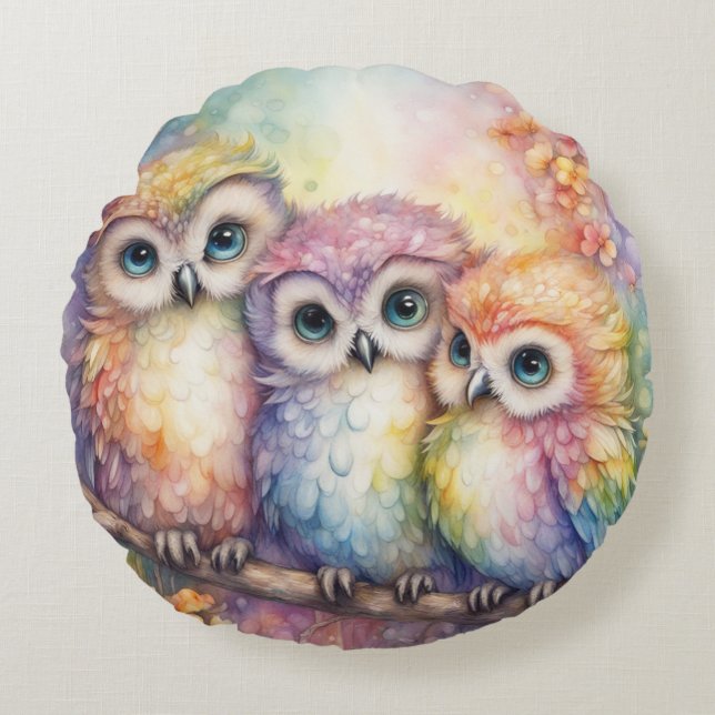 Regenboog Vogels Uilen 1 Rond Kussen (Voorkant)