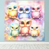 Regenboog Vogels Uilen 3 Canvas Afdruk (Insitu (Houten vloer))