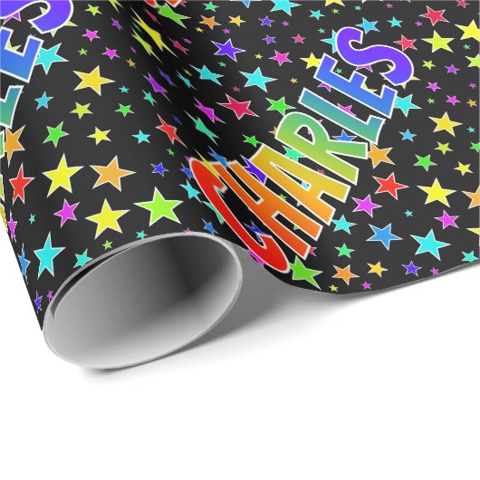 Regenboog voornaam "CHARLES" + sterren Cadeaupapier (Rol Hoek)